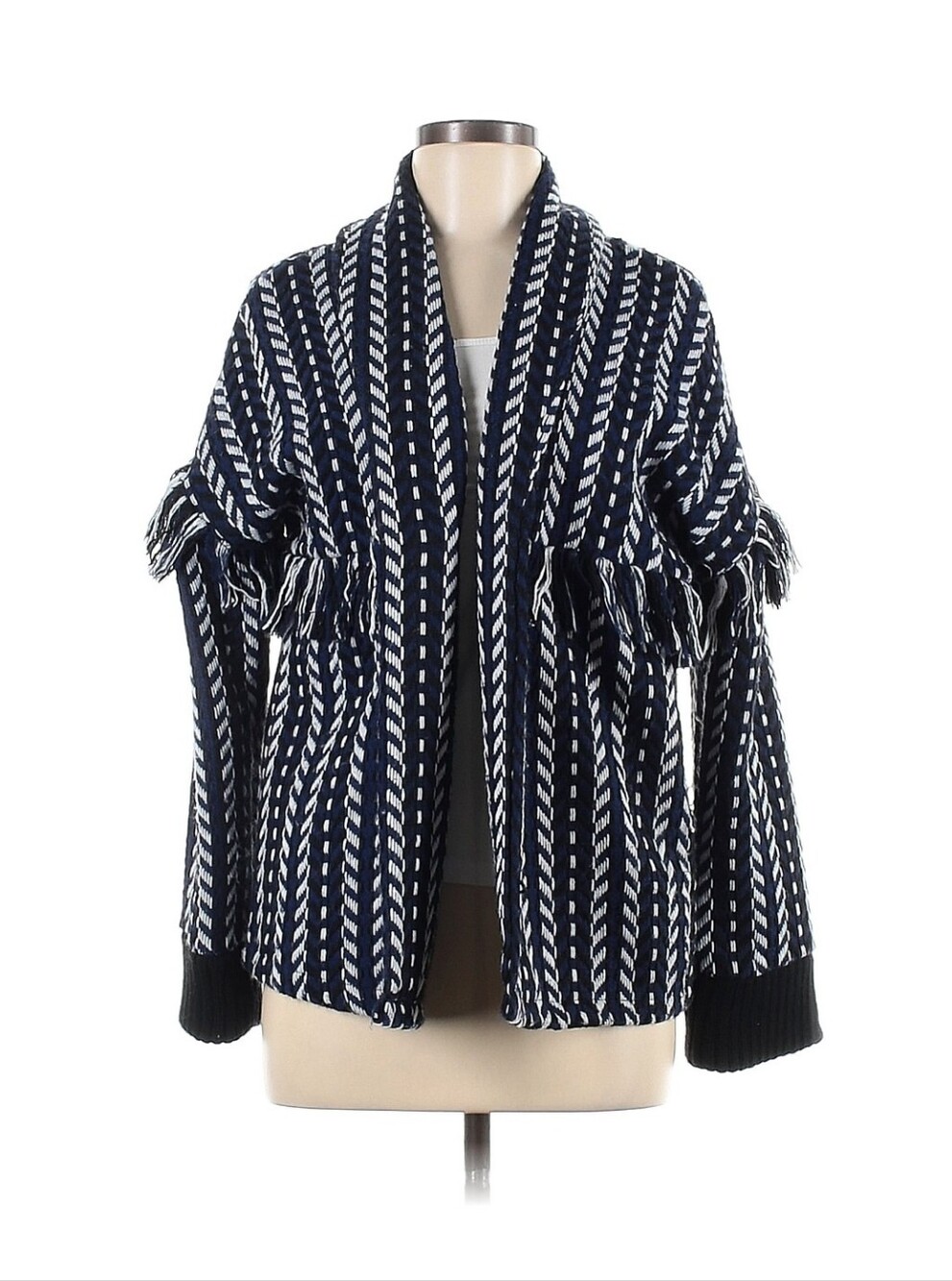 cupcakes & cashmere Navy and White Fringe Open Kristy Cardigan Sz M GUC